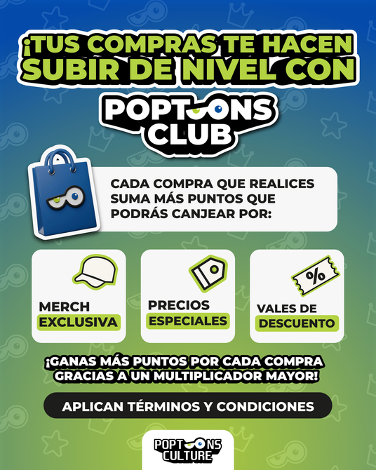 Tus compras te hacen subir de nivel con Poptoons Club: cada compra suma puntos canjeables por merch exclusiva, precios especiales y vales de descuento.